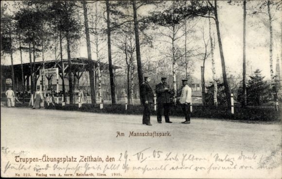 Postcard Zeithain in Saxony, military training area, team park, 3 men in uniform