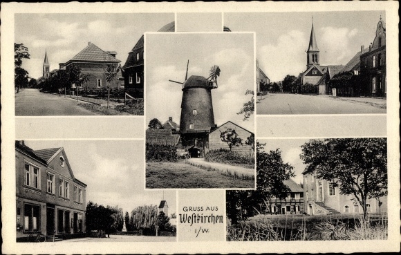 Postcard Westkirchen Ennigerloh North Rhine-Westphalia, windmill, street parts, church