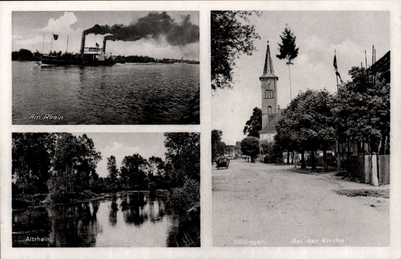 PC Söllingen Pfinztal am Kraichgau, steamer on the Rhine, Old Rhine, church