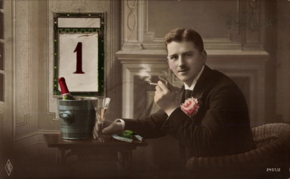 Greeting card Happy New Year, man in suit with cigarette, champagne, calendar page