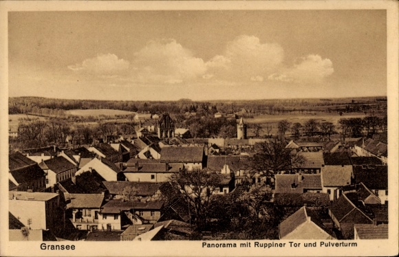 Postcard Gransee in der Mark, panorama with Ruppiner Gate, Powder Tower, city view, sky