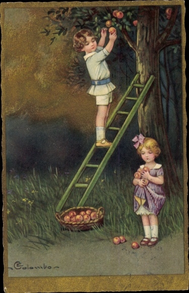 Artist PC Colombo, E., Children picking apples from a tree