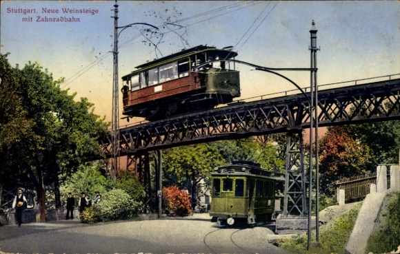 Postcard Neue Weinsteige Stuttgart in Württemberg, cog railway, tram