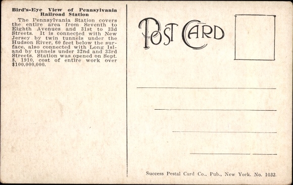 Postcard New York City USA, Bird&#39;s Eye View of Pennsylvania Railroad Station