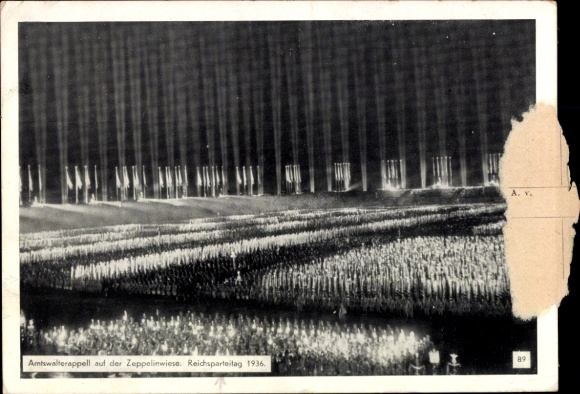 Postcard Reichsparteitag Nuremberg 1936, official roll call on the Zeppelinwiese at night, light dome