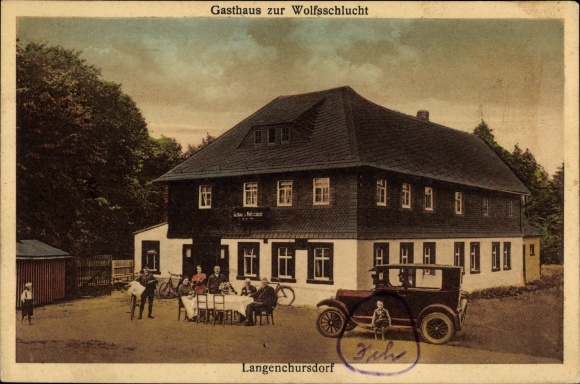 Postcard Langenchursdorf Callenberg in Saxony, Inn zur Wolfsschlucht, owner Bruno Wolf
