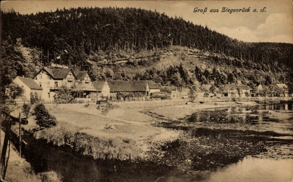 Postcard Ziegenrück on the Saale Thuringia, beautiful landscape, houses on the river, greetings from Ziegenrück
