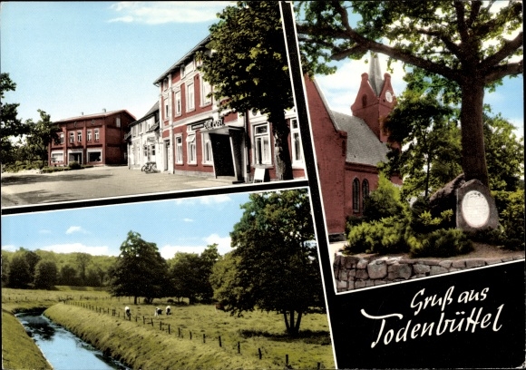 Ak Todenbüttel in Sleeswijk-Holstein, kerkterrein, plein, rivier