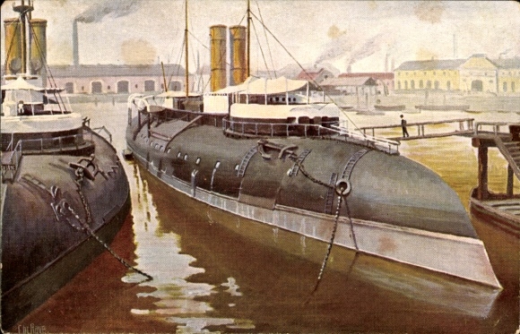 Artist Postcard Rave, Chr., Marine Gallery No. 215, French coastal armored boats near Cherbourg, 1907