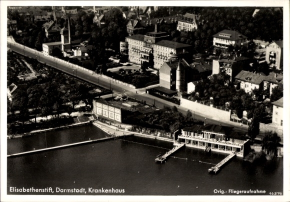 Postcard Darmstadt in Hessen, aerial photograph, Elisabethenstift, hospital