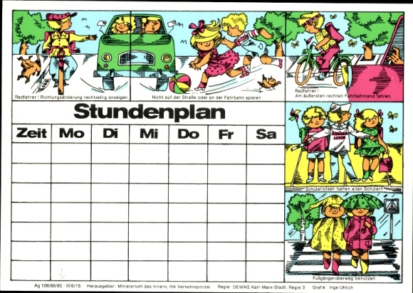 Timetable GDR traffic police and state insurance, children on the road around 1970