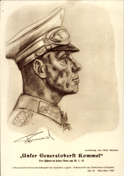 Artysta KP Willrich, Wolfgang, Generaloberst Rommel, portret, 1942, lis pustynny, odbiorca Krzyża Kawalerskiego