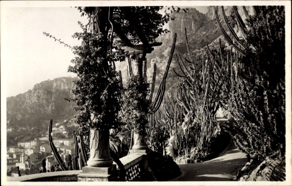 Ak Monaco, Exotische Gärten, Pflanzen, Architektur, Weg, Bergkulisse