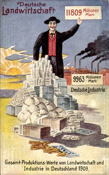 Postcard German Agriculture, German Industry, Total Production Values of 1909, Empire