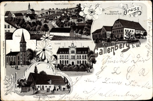 Litho Callenberg im Landkreis Zwickau, Gasthof Plauenscher Hof, Schule