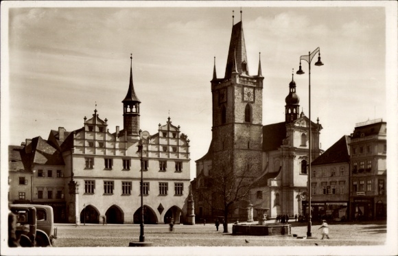 Ak Litoměřice Leitmeritz Region Aussig, Stadtplatz, Rathaus, Stadtkirche, Lichtbild von Theo Exle