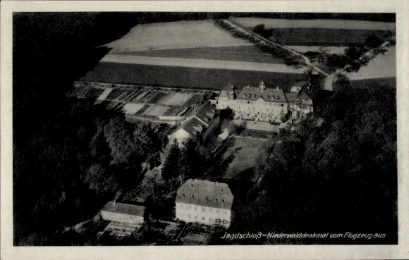 Postcard Rüdesheim am Rhein, Jagdschloss-Niederwalddenkmal, aerial photograph