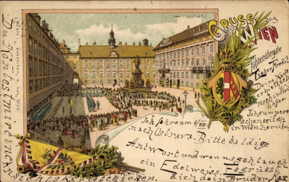 Chromo-Litho Vienna 1 Inner City, flag handover on Franzensplatz, coat of arms