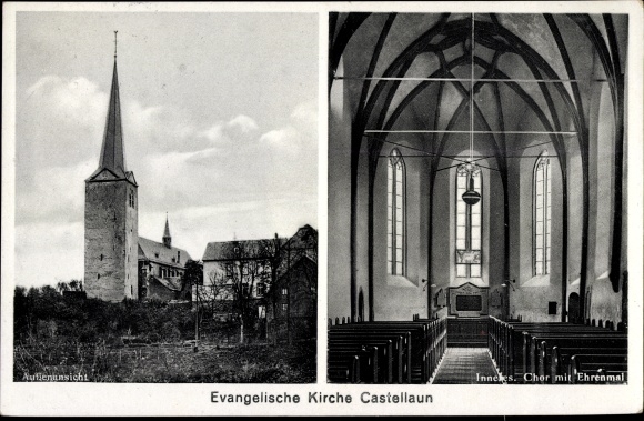 PC Kastellaun in the Hunsrück, Ev. Church, exterior and interior view, chancel with memorial