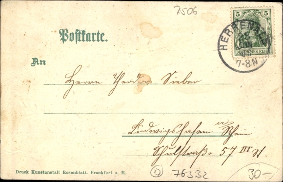 Embossed birch wood litho Bad Herrenalb in the Black Forest, total view with the Kurhaus