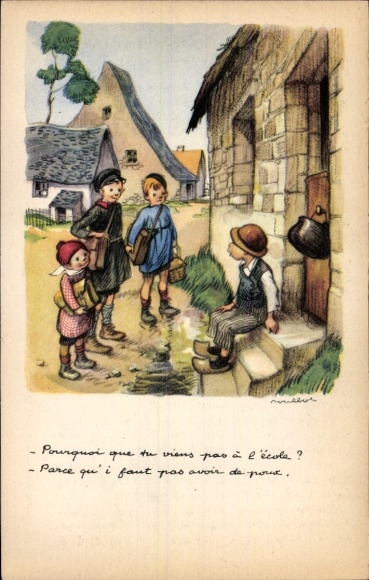 Kunstenaar Ak Poulbot, Kinderen op weg naar school, Ligue Nationale contre le taudis
