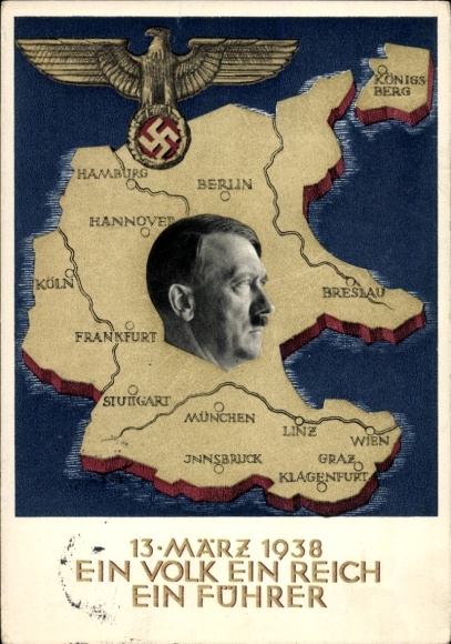 Postal stationery Postcard Klein, One people, one empire, one leader, Anschluss of Austria 1938, Greater Germany