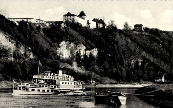 KP Fürstenberg nad Wezerą, parowiec, łódź wiosłowa, molo parowca, domek myśliwski
