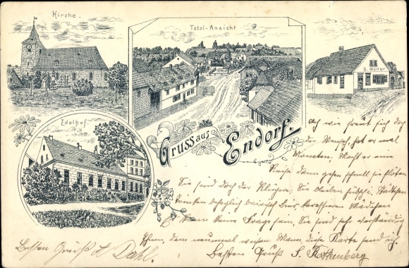 Litho Endorf Falkenstein Harz, Kirche, Edelhof, Geschäftshaus G. Müller