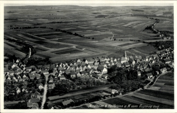 Postcard Nordheim am Neckar, aerial view of fields, houses, church, landscape