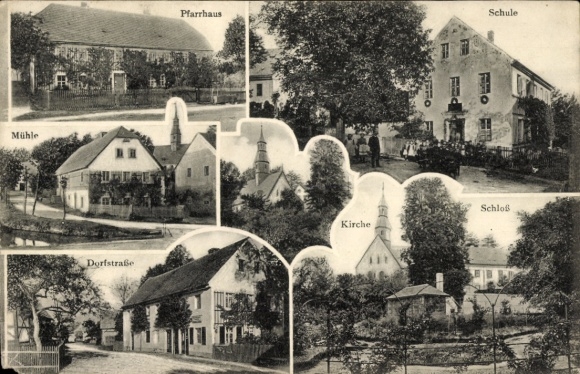 Ak Prietitz Elstra Oberlausitz, Pfarrhaus, Schule, Kirche, Schloss, Mühle, Dorfstraße