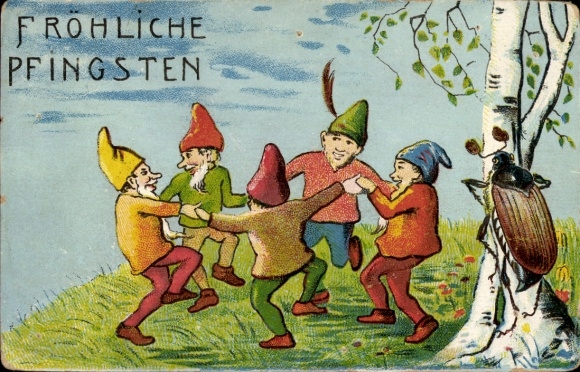 Embossed PC Happy Pentecost, Dwarves Dancing in a Circle, May Beetles