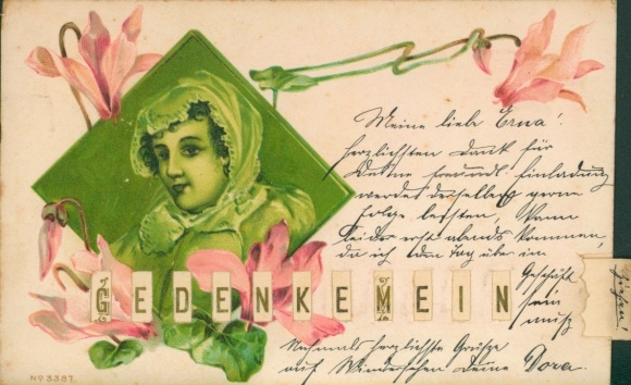 Mechanical Chromo-Litho Commemoration My, portrait of a Woman, Flowers