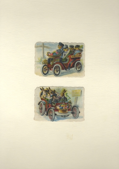 2 wafers chickens and rabbits in human clothing driving in a car, each approx. 6 x 8.5 cm