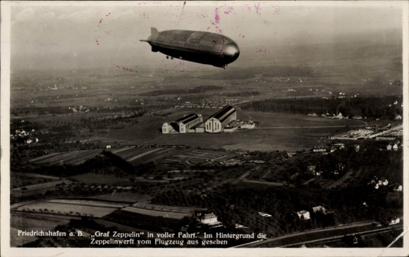 Picture of Friedrichshafen on Lake Constance, airship Graf Zeppelin, Zeppelin shipyard, aerial photograph