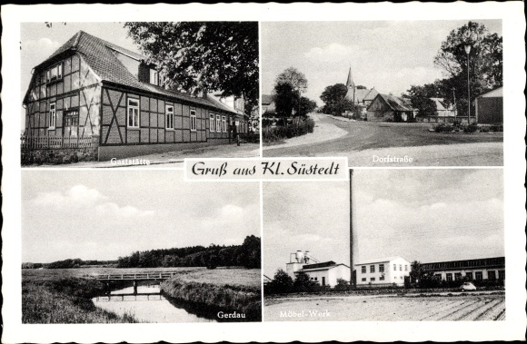 Postcard Klein Südstedt Uelzen in Lower Saxony, restaurant to the lime tree, village street, Gerdau, furniture factory