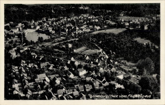 Ilsenburg in the Harz Mountains, aerial photograph, houses, landscape, Harz, in black and white