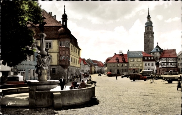Postcard Bad Königshofen im Grabfeld Unterfranken, street scene with fountain, half-timbered houses and a...