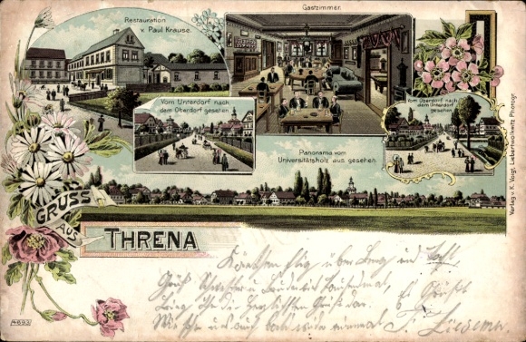 litho Threna Belgershain, panorama vanuit het universiteitsbos, restauratie, Unterdorf, Oberdorf