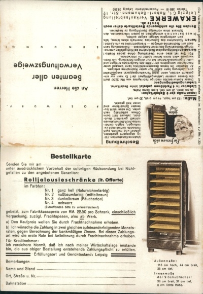 Folding Postcard roller shutter cabinet, Ekawerke Leipzig, Robert Schumann Straße 12