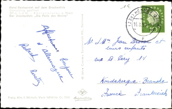 Postcard Koenigswinter am Rhein, Drachenfels, hotel restaurant, ruins