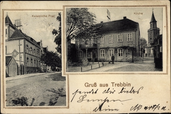 Ansichtkaart Trebbin in de wijk Teltow Fläming, kerk, keizerlijk postkantoor