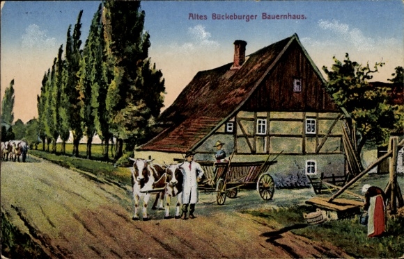 Postcard Old Westphalian farmhouse, ox cart