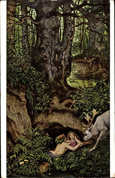 Artist PC Schwind, Moritz von, mermaids, deer watering, Ackermann series 213b no. 2173