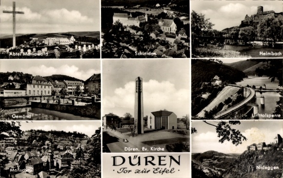 Postcard Düren in the Rhineland, Protestant church, Mariawald Abbey, Schleiden, Heimbach, Urftalsperre