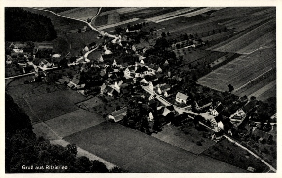 Postcard Ritzisried Buch Schwaben, aerial view of the village rural landscape, surrounded by fields