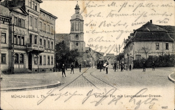 Postcard Mühlhausen in Thuringia, Erfurt Gate, Langensalzaer-Strasse, city view, people on the