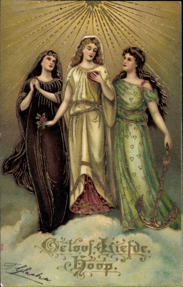 Ak Allegorie, Glaube, Liebe, Hoffnung, Anker, Frauen