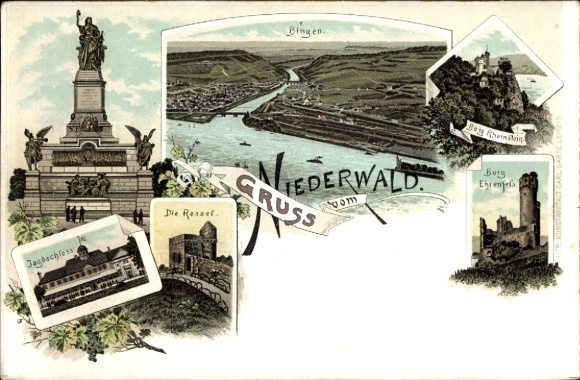 Postcard Bingen am Rhein, PC with views of Bingen and the Niederwald, Ehrenfels, Die Rase...
