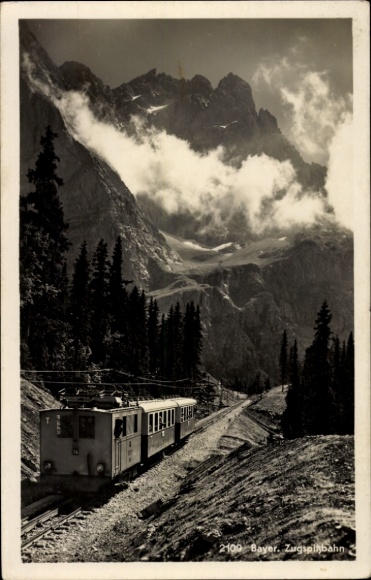 Postcard Garmisch Partenkirchen in Upper Bavaria, Bavarian Zugspitze Railway, cog railway, train carriage, mountains
