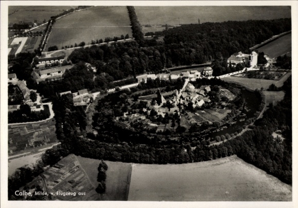 Postcard Kalbe Milde in the Altmark, aerial photograph of a town, trees, watercourse, view from above